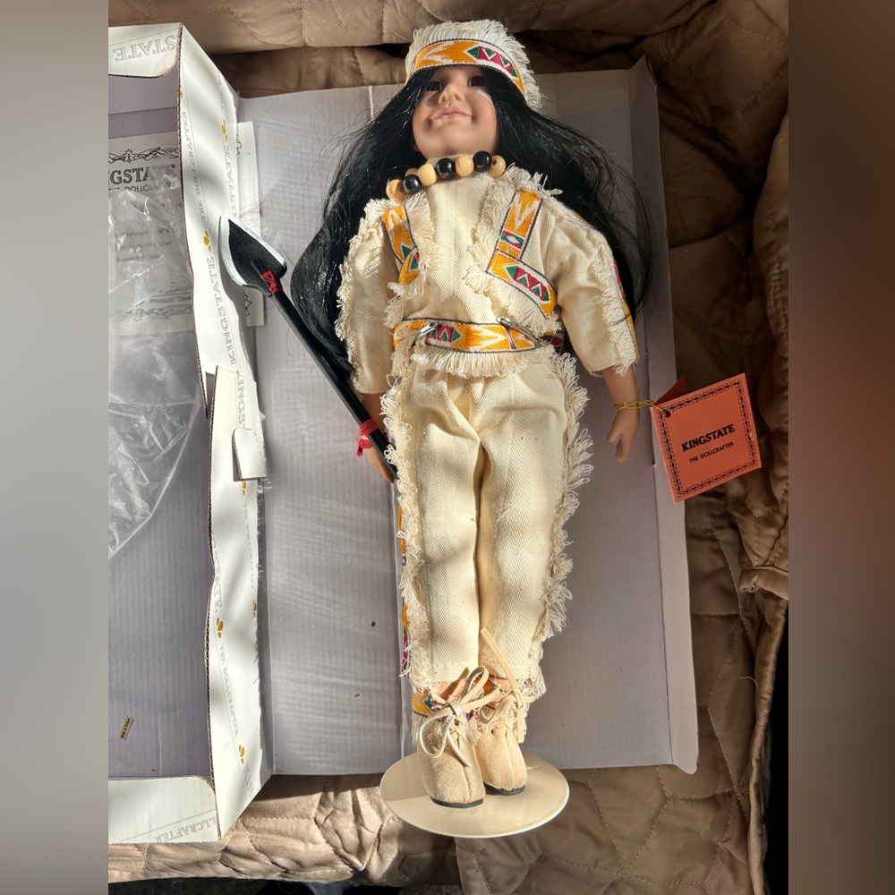 Handcrafted Native American Doll with Black Hair and Cream Outfit, NWT, 14”